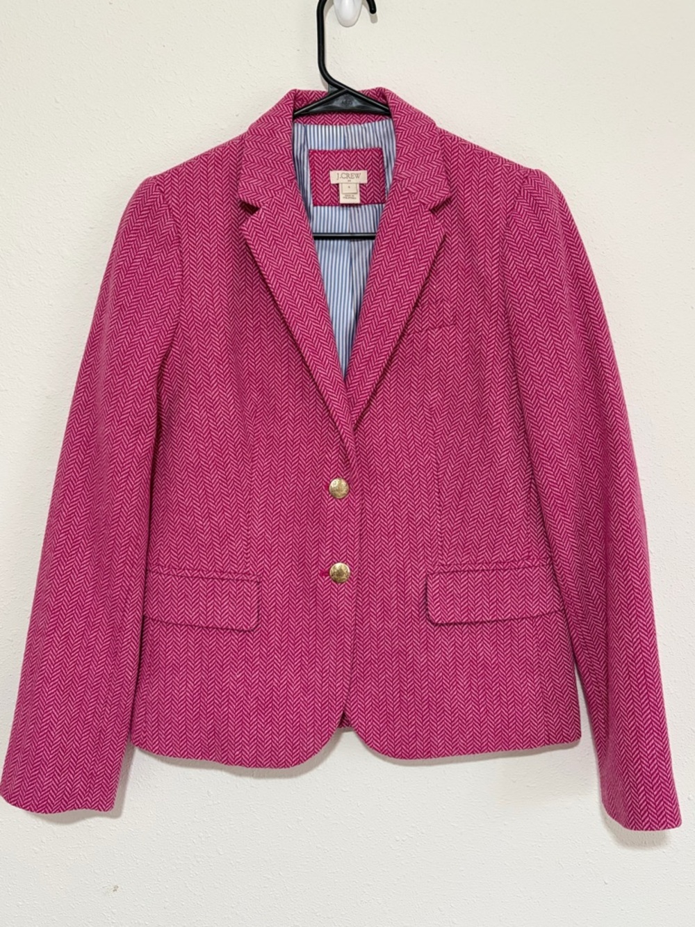 J. Crew Pink Herringbone Wool Blend Schoolboy Blazer with Striped Lining Size 4